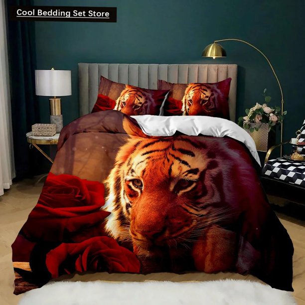 x1221 Bed SheetsTiger Duvet Cover Set Red Rose Flower Comforter Cover Boys African Safari Wild Animals Big Cat Polyester Qulit Cover 3-Piece Bedding Set (1 Duvet Cover + 2 Pillow Shams) nj1221