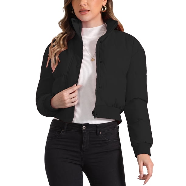 INSPIRE CHIC Chaqueta Acolchada Recortada para Mujer de Invierno con Cuello Alto, Abrigo Bomber Acolchado con Cremallera y Botones en el Frente L Negro