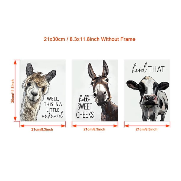 3pcs Farmhouse Bathroom Wall Art - Llama, Cow, and Donkey Signs for Farmhouse Decor - No Frame Needed