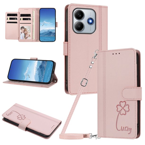 Funda Cartera Trébol para Xiaomi Redmi Note 14 4G con Ranuras Tarjetas y Carga Inalámbrica Rosa