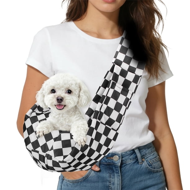 Uxcell Transportador de Perro en Bandolera para Perros y Gatos Pequeños de Hasta 16.5 Libras, Textura Transpirable con Bolsillo, (Cuadrícula Blanco y Negro)
