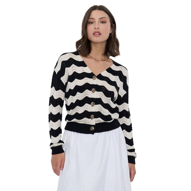 Cárdigan Mujer Rayas Negro/Crudo Corona