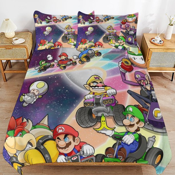 Super Mario 3-Piece Comforter Set for Bedroom Super Mario Bedding Set for Kids Adults Soft Microfiber Duvet Cover Set with Zipper Closure