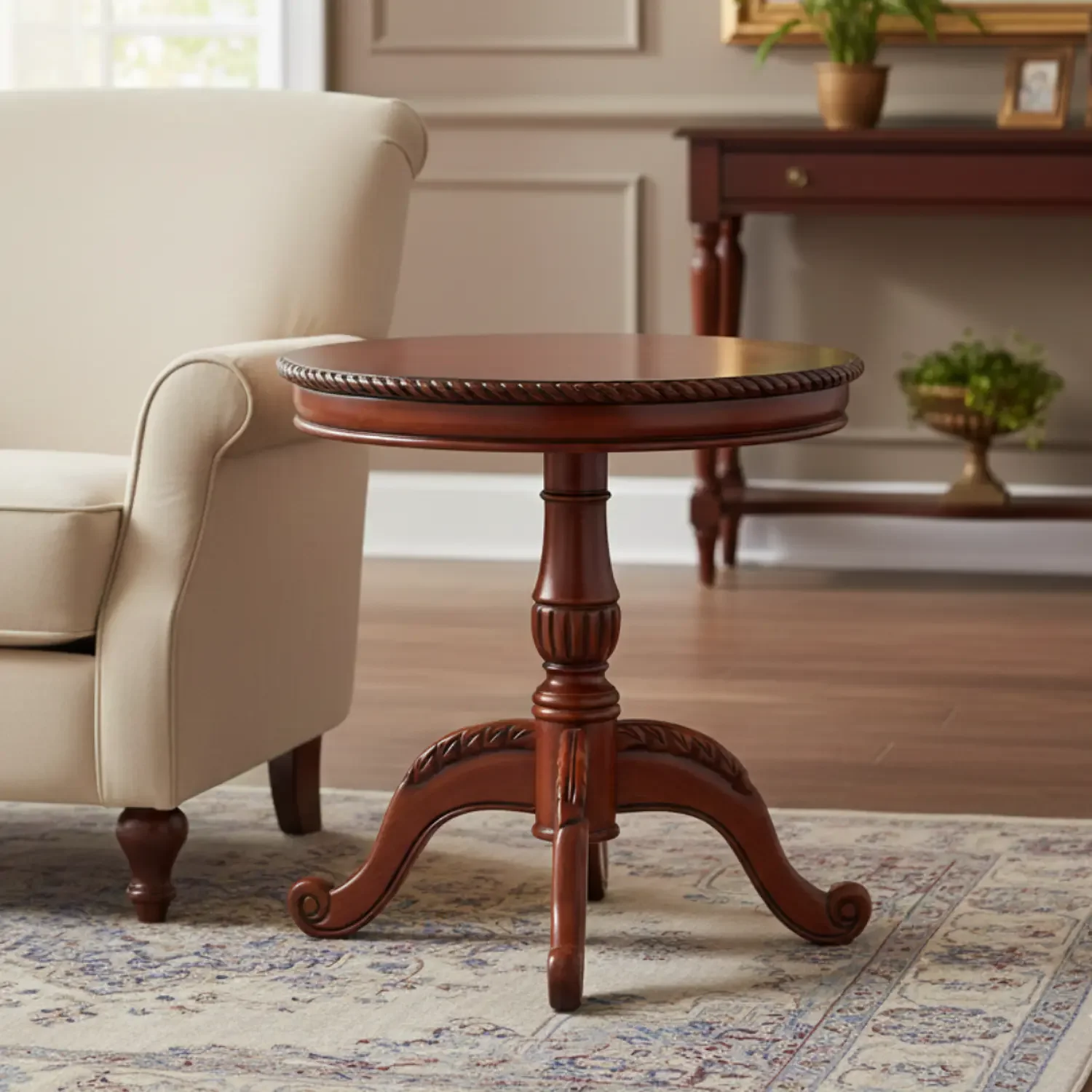 Genérico - Mesa Lateral Con Bordes Trenzados De Madera Color Caoba 60x60