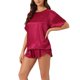 thumbnail image 4 of Conjunto de Pijama de Satén Suave para Mujer INSPIRE CHIC Regreso a Clases Ligero Manga Corta Cuello Redondo Camiseta de Dormir y Pantalones Cortos Ropa de Descanso M Burdeos, 4 of 6