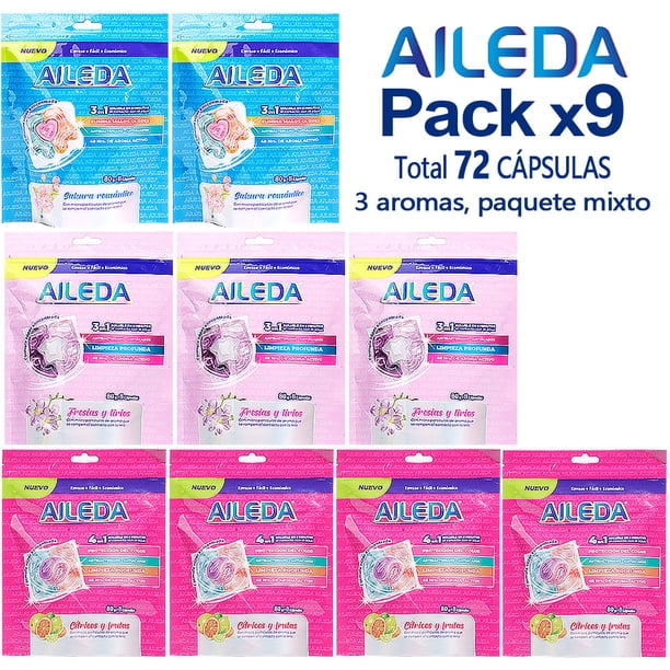 Detergente En Cápsulas Aileda Pods En Total 72 Uni Con 3 fragancias diferentes (Cítricos y frutas 4 bolsa,sakura 2 bolsa,Fresias y lirios 3 bolsa)