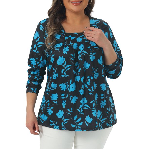 Agnes Orinda Conjuntos de Halloween Tallas Grandes Blusas con Estampado Floral para Mujeres Cuello Cuadrado Manga Larga Túnica Plisada Elegante Casual 3X Azul
