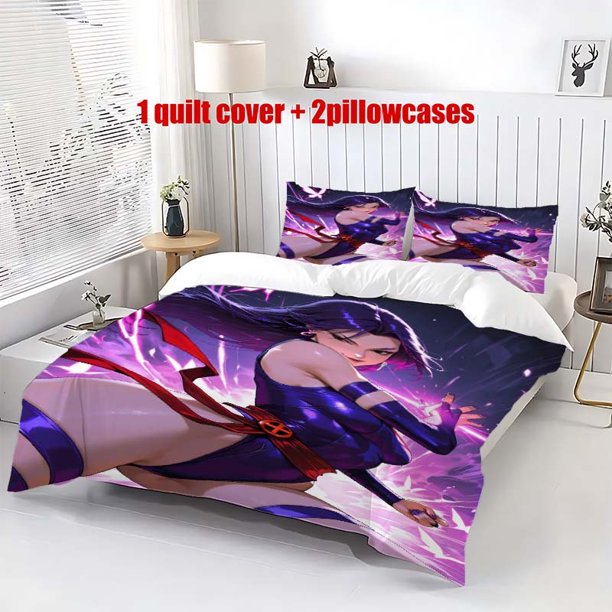 3pcs Betsy Braddock Female Hero Energy Battle Pose Bedding Set Vibrant Purple & Pink Anime Style Design Zipper Closure