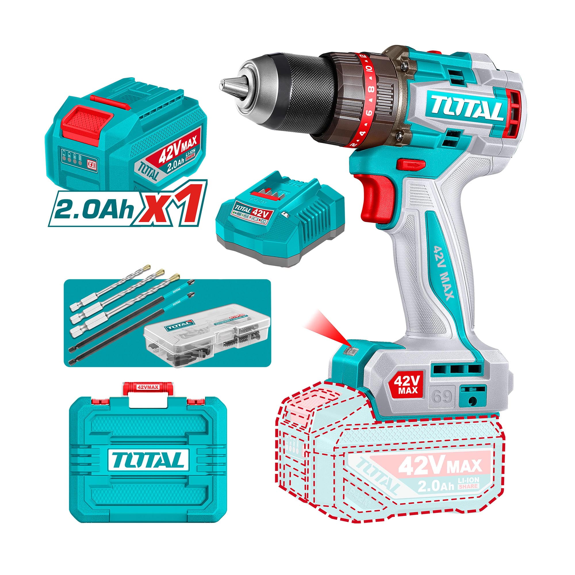 Taladro Percutor Inalámbrico Torque 69 Nm Brushless 42v Total