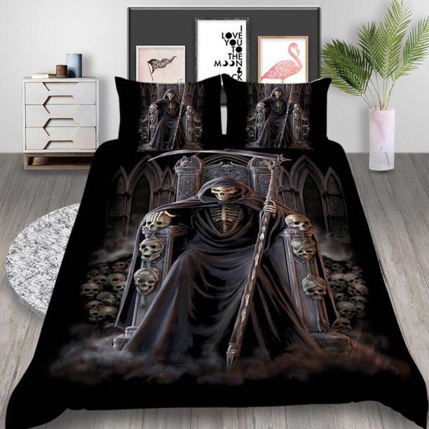 Black Cat Skull Forest Print Quilt Duvet Cover Set Bed Linen 3-Piece Bedding Set