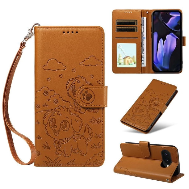 Funda Cartera para Google Pixel 9A Perro Cachorro Grabado con Tarjetas Soporte Correa Marrón