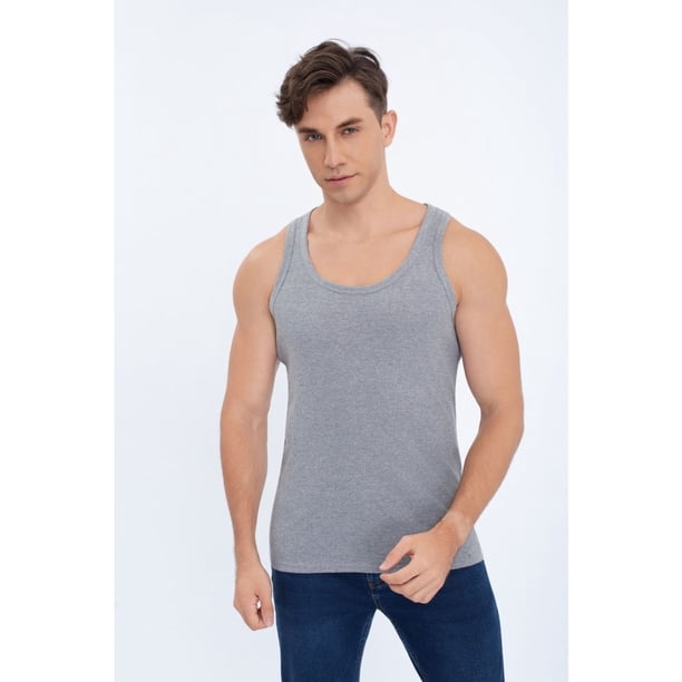 Camiseta Hombre Elasticada Sin Manga Acanalada Algodón 7610