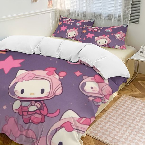 Cute Hello Kitty Thickened Three-piece Bed Set Cartoon Pillowcase Anime Quilt Cover Bedroom Hotel Theme House Vacation Home Holiday Anniversary Gift