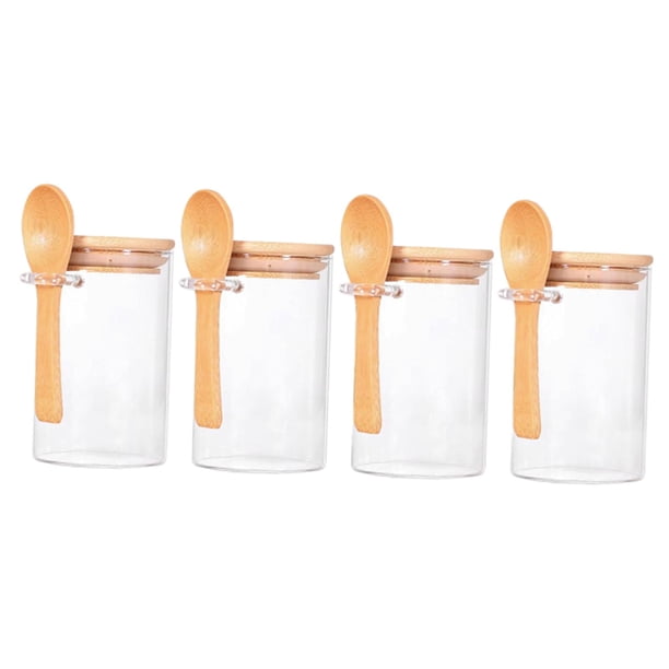 Juego De 4 Tarros De Cristal Con Tapas De Bambú Y Cucharas De Madera Para Harina De Azúcar Dulce