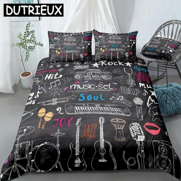 Music Duvet Cover Set Microphone Guitar Headphone Drums Bedding Rock Music Quilt Cover Black Bed Set Colorful Dropship