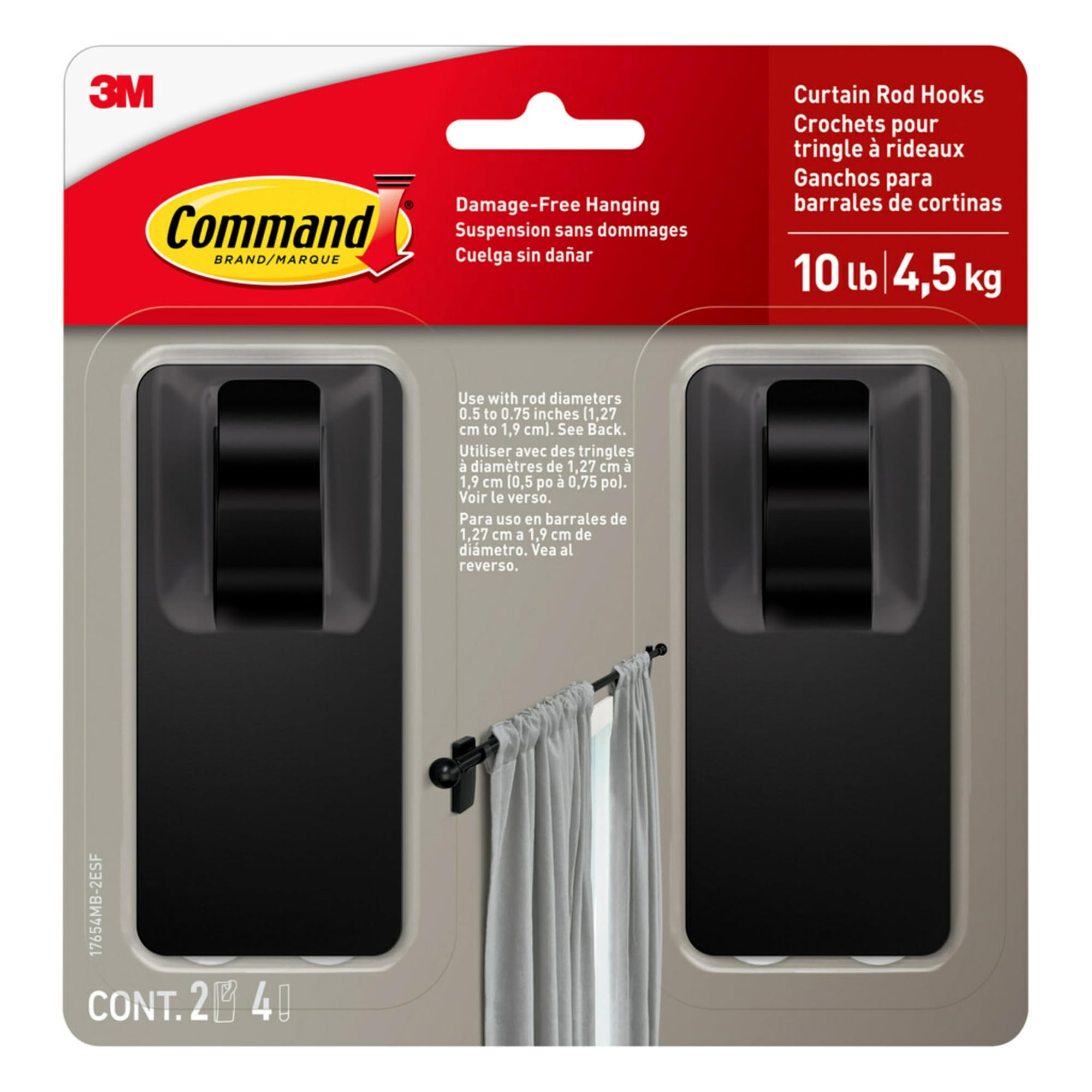 Ganchos Para Barra De Cortina Command, 10 Libras, Negro Mate, 2 Ganchos, 4 Tiras