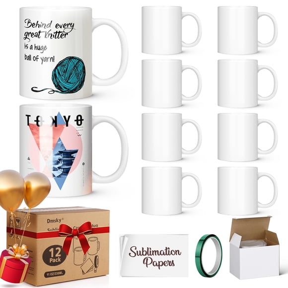 Juego de 12 tazas de café por sublimación Dmsky, 325 ml, cerámica blanca