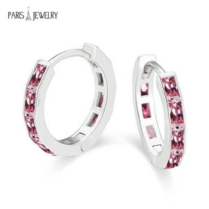 Aros Paris Jewelry 18K White Gold Created Pink Sapphire 3 Ct Emerald Cut Hoop