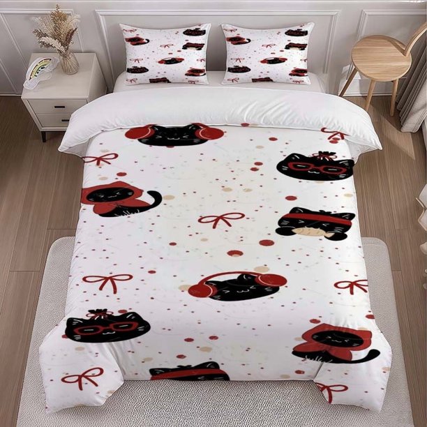 Cute Black Cat Print Duvet Cover Set Themed Bedding Three-Piece Set with Duvet Cover and Pillowcases