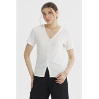 Fashionspark - Polera Mujer Botones Perlas Crudo