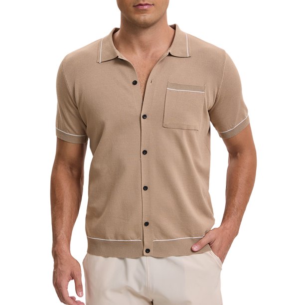 INSPIRE CHIC Camisa de punto para hombre de regreso a clases con botones, manga corta, ligera, casual, de verano, polo tejido, talla L, beige