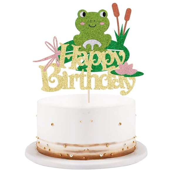 Adorno para pastel LVEUD tema de rana con purpurina dorada "Feliz cumpleaños"