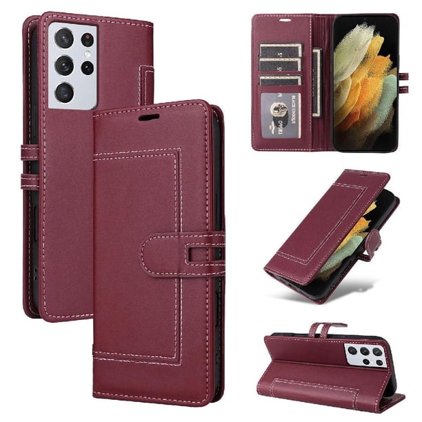 Premium Wallet Case for Samsung Galaxy S21 Ultra with Card Slots & Kickstand, Flip Cover Red
