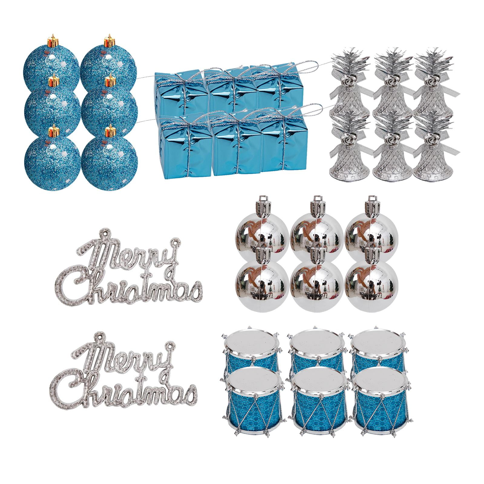 Magideal - 32 Piezas Decoraciones Para Árboles De Navidad Adornos Navideños Decorativos Bolas Campanas Tambores Cajas De Regalo Colgante Con Dijes Decoración Nav Azul Plateado