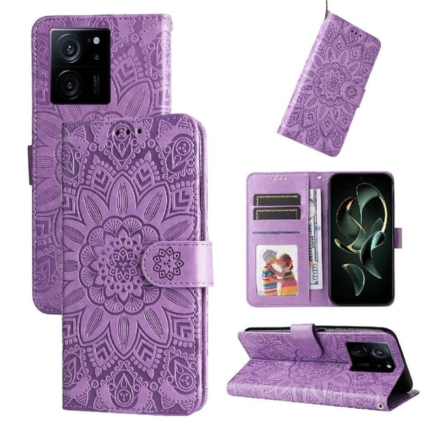 Funda tipo cartera FOXDOCK para Xiaomi 13T , diseño girasol en relieve, cuero PU, cierre magnético, soporte y tarjetero