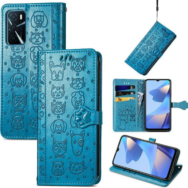 Funda Cartera FOXDOCK para OPPO A16 , Flip PU con Relieve de Gatos y Perros, Tarjetero y Soporte