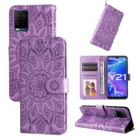 Funda Tipo Cartera Foxdock Para Vivo Y21 , Diseño Girasol En Relieve, Cuero Pu, Cierre Magnético, Soporte Y Tarjetero