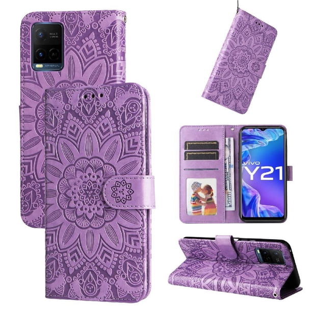 Funda tipo cartera FOXDOCK para Vivo Y21 , diseño girasol en relieve, cuero PU, cierre magnético, soporte y tarjetero