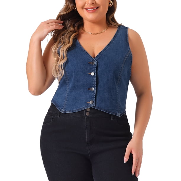 Chaleco de mezclilla sin mangas con cuello en V y botones para mujer de talla grande Agnes Orinda, para escuela o universidad, chaqueta casual de jean 4X azul