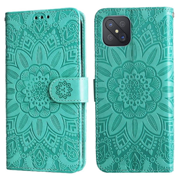 Funda tipo cartera FOXDOCK para OPPO A53 5G , diseño girasol en relieve, cuero PU, cierre magnético, soporte y tarjetero