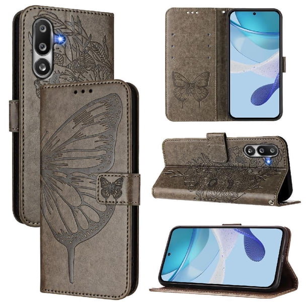 Funda Cartera Mariposa Para Samsung Galaxy M36 Con Soporte Y Ranuras Para Tarjetas Gris