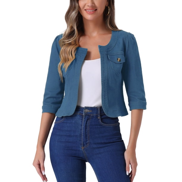 INSPIRE CHIC Chaquetas de Jean de Mezclilla Recortadas sin Cuello de Manga 3/4 para Mujer Azul Pavo Real L