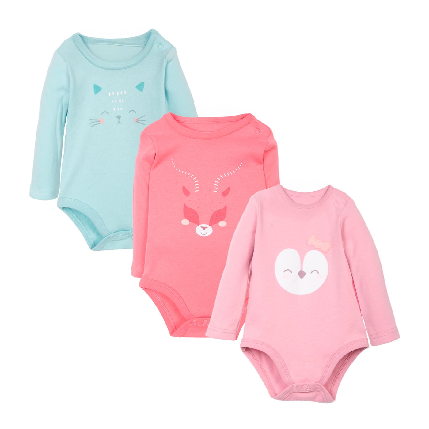 Pillin - Pack 3 Body Recién Nacido Niña Manga Larga Animales Surtido