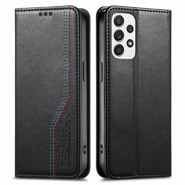 Funda tipo cartera para Samsung Galaxy A52 5G de piel con cierre magnético, ranuras para tarjetas y correa para la muñeca Negro