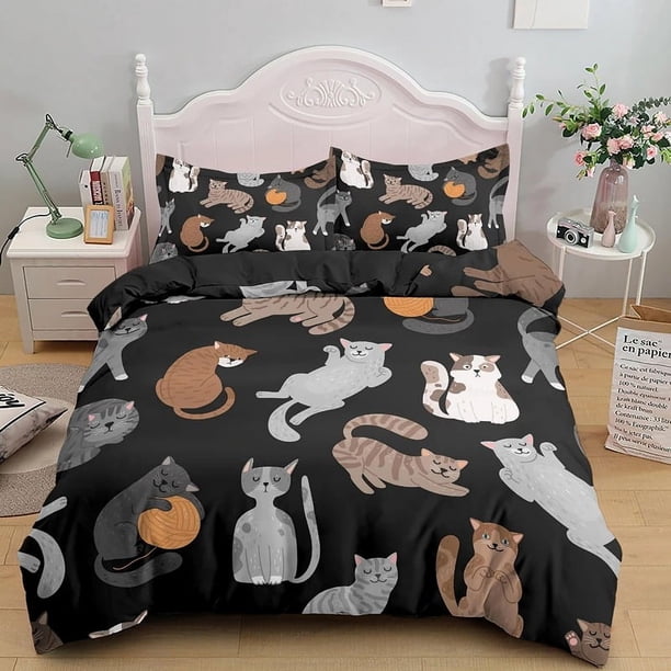 x2456 Bed Sheets Kids Cats Bedding Set Twin Size Green Cartoon Cats Bedding Set for Kids Boys Girls Animal Theme Cute Kitten Pattern pcs 3-Piece Bedding Set (1 Duvet Cover + 2 Pillow Shams) nj2456