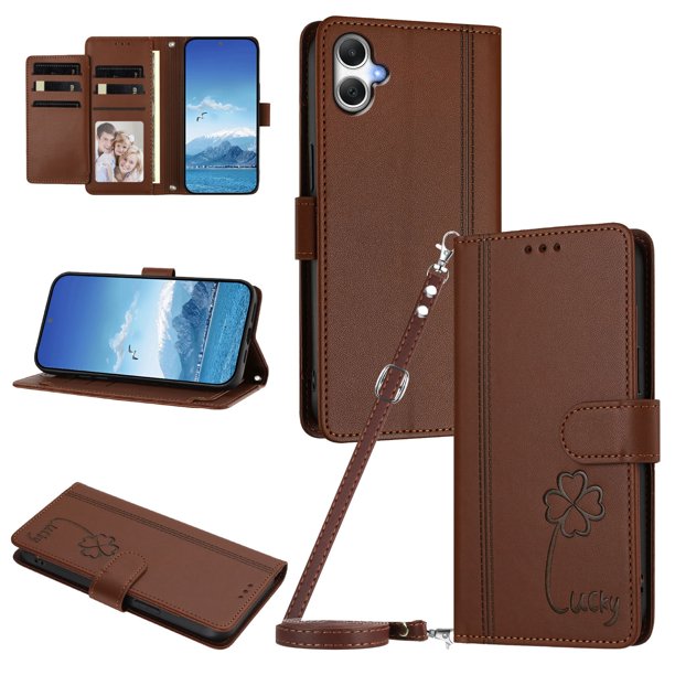 Funda Cartera Trébol para Samsung Galaxy A06/A07 4G/5G con Ranuras Tarjetas y Carga Inalámbrica Marrón