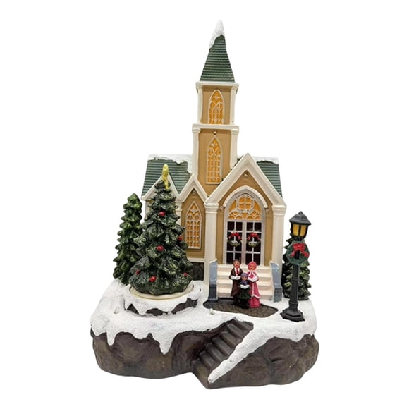 Estatua De Iglesia Navideña Con Luces Y Música, Hecha De Resina Artesanal, Ideal Para Estantería, Fiestas O Dormitorio.