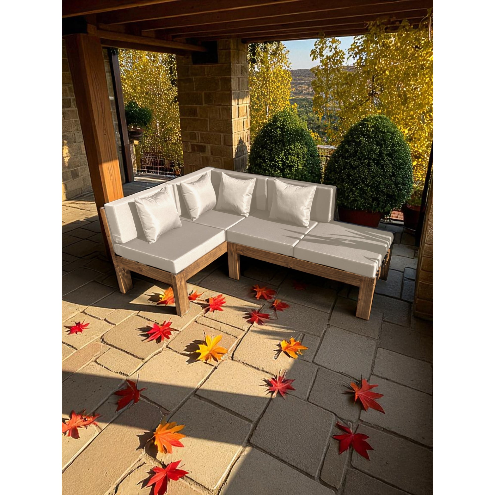 Miaruste - Terraza Rústica Modelo Ele 4 Cuerpos Madera Color Roble Cojinería Crudo