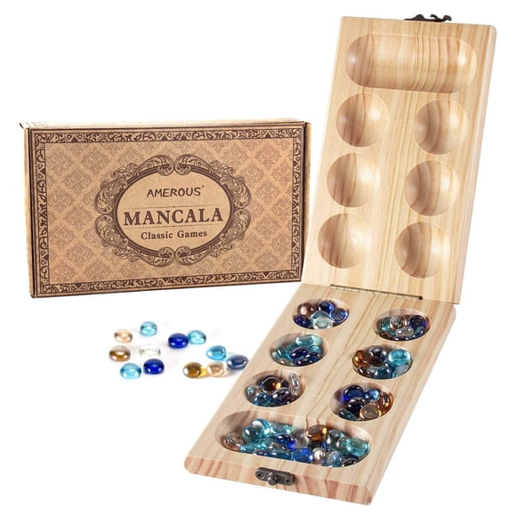 Juego De Mesa Mancala De Madera Plegable Con Piedras De Cristal