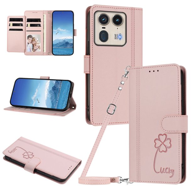 Funda Cartera Trébol para Motorola Edge 50 Ultra 5G con Ranuras Tarjetas y Carga Inalámbrica Rosa