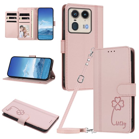 Funda Cartera Trébol para Motorola Edge 50 Ultra 5G con Ranuras Tarjetas y Carga Inalámbrica Rosa