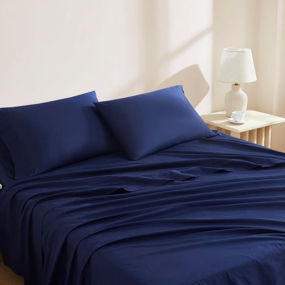 Juego de sábanas de lino para cama queen 100% algodón orgánico azul marino
