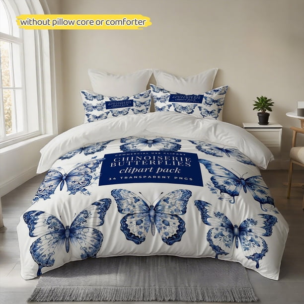 Blue and White Porcelain Butterfly Printed Duvet Cover Set 100% Polyester Fiber Duvet Cover Soft Comfortable and High-Quality Fluffy and Breathable with a Good