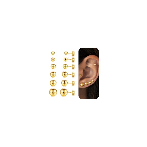 Pendientes Yoosteel 2 mm‑8 mm, chapado en oro de 14K, juego de 6 pares