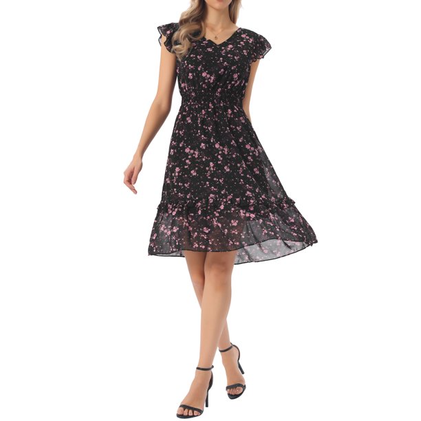 Vestido Floral de Mujer INSPIRE CHIC con Mangas Volantes, Cuello en V, Fruncido, Volante, Vestidos Casuales Negro Flor Rosa XL