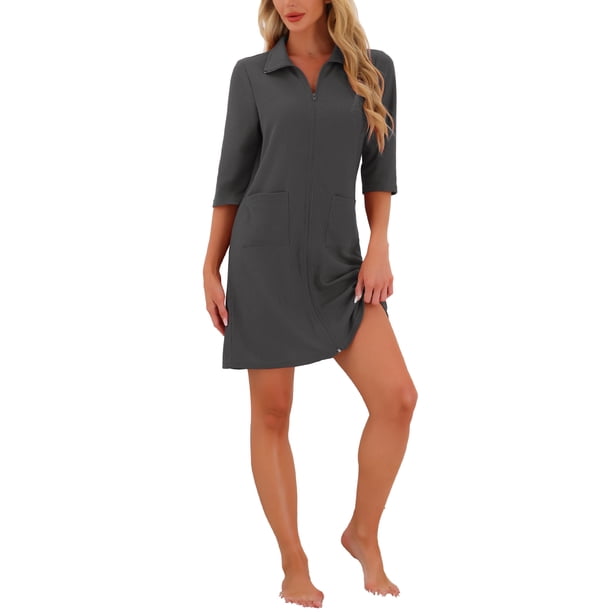 INSPIRE CHIC Bata con cremallera de punto waffle para mujer, ligera, manga 3/4, longitud hasta la rodilla, con bolsillos para descansar, S Gris